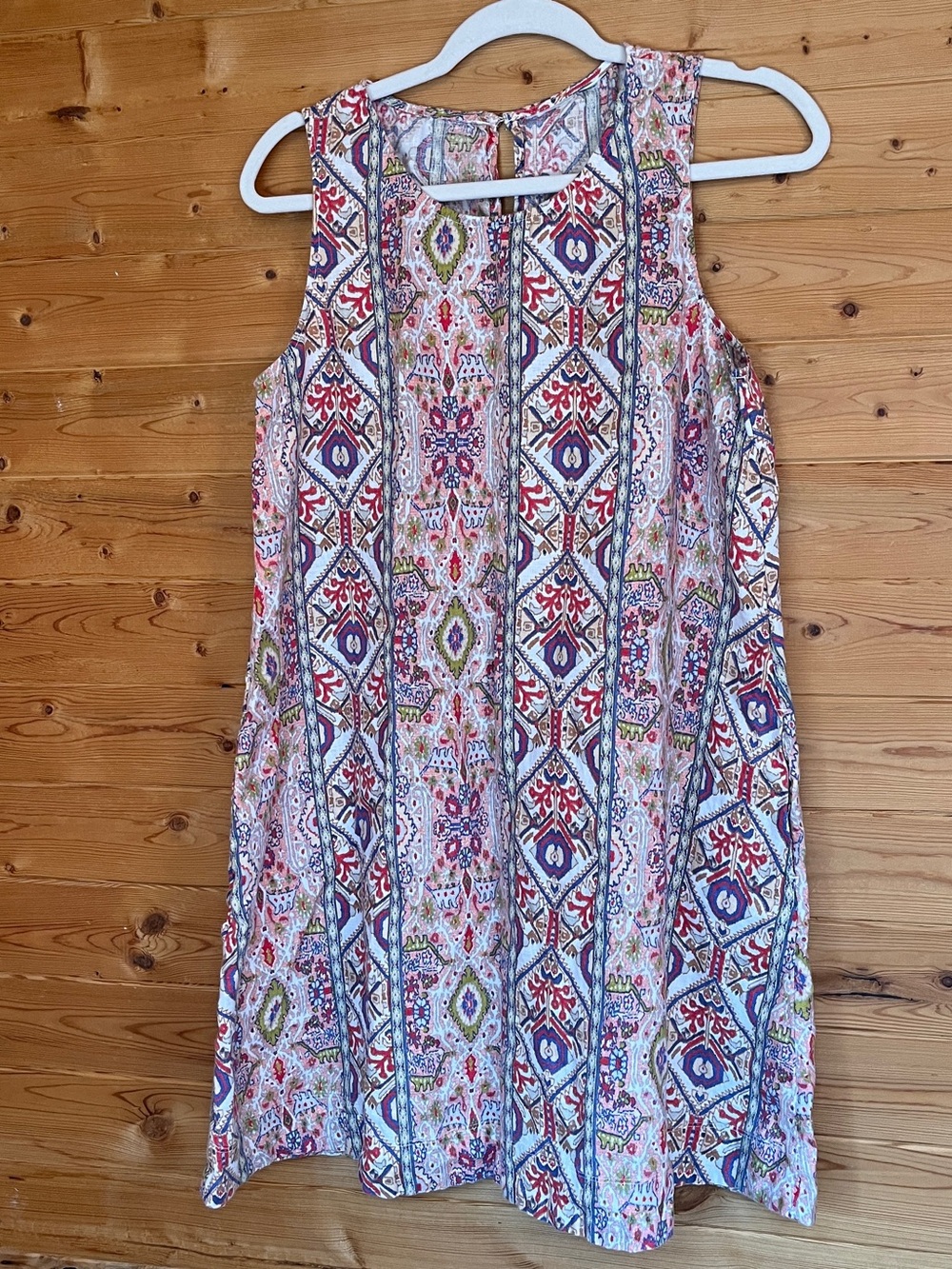Sleeveless Patterned Shift Dress in Multicolor M Linen pockets